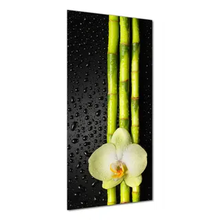 Wallario selbstklebende Duschrückwand 90 x 180 cm mit Motiv Grüne Orchidee mit Bambus auf schwarz - Regentropfen - Wandverkleidung mit Hochglanzlaminat in Glasoptik