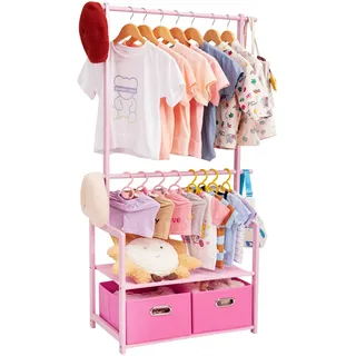 Yorbay Bambus Kinder Kleiderständer für Spielzimmer: 2 Hängestangen (Rosa) | 2 Aufbewahrungskörben & 2 Verstellbaren Hängestangen - Garderobenständer mit Regal, Anziehständer für Kostüme im Kinderzimmer