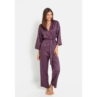 Pyjama LSCN BY LASCANA, Damen, Gr. 46, lila (pflaume gestreift), Satin, Obermaterial: 97% Polyester, 3% Elasthan, gestreift, loose fit lang, Kimonoärmel abgesteppt, Homewear-Sets Pyjama, im Kimono-Stil
