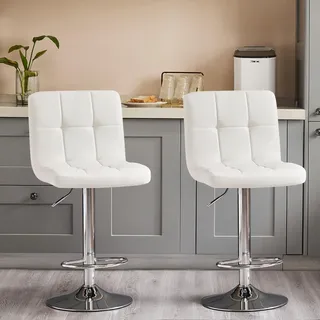 sweetcrispy Barhocker 2er Set,PU-Leder Gepolsterter Barstuhl,Bistrohocker mit Lehne Fußstütze,Höhenverstellbar 360°Drehbar Küchenhocker Designer Hocker,Tresenhocker für Bar,Theke,Küche,Weiß