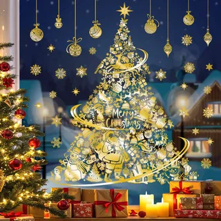 decalmile Fensterbilder Weihnachten Gold Weihnachtsbaum Fensteraufkleber