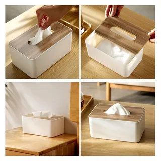 Tücherbox aus Holz mit Deckel, rechteckig, Kunststoff, 21x13x9cm, Kosmetiktücherbox für Wohnzimmer, Büro, Auto, Badezimmer (Weiß)