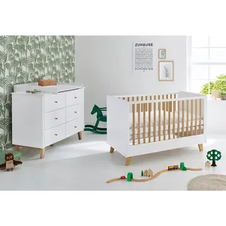 Pinolino Babyzimmer , Weiß, Eichefarben , Holzwerkstoff , 6 Schubladen , zum Juniorbett umbaubar, höhenverstellbar, Sprossen mit Normabstand, Aufbauanleitung im Karton, Lattenrost inklusive, Schlupfsprossen , Babymöbel & Kindermöbel, Babyzimmer, Babyzimmer-Serien