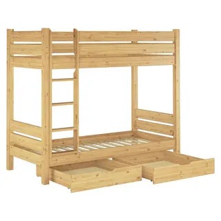 Etagenbett für Erwachsene Kiefer massiv 100x200 Nische 100 Stockbett Zubehör wählbar V-60.16-10Rollrost und Doppelbettkasten inkl. - Naturbelassen