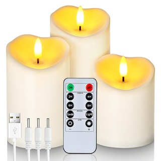 Homemory Wiederaufladbare Flammenlose Kerzen, LED-Kerzen, Batteriebetriebene Kerzen mit Fernbedienung und Zeitschaltuhr, Wasserdicht, Langlebig, 3er-Set