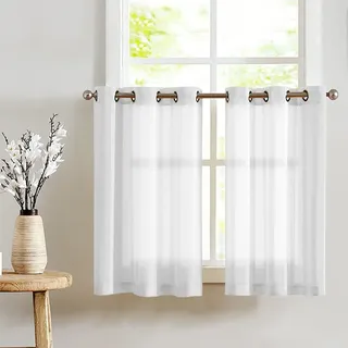 TOPICK Voile Scheibengardinen mit Ösen Transparent Bistrogardine Landhaus Streifen Küchenvorhang Gestreift Küchengardinen Paarig für Badezimmer Klein Fenster Dekor 90x115cm(BxH) Weiß 2er Set