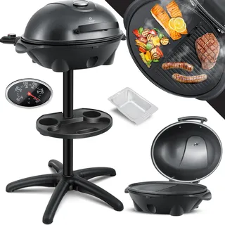 KESSER® elektrischer Elektrogrill 2in1 Tischgrill - Standgrill mit Deckel Standfuß | max. 2400 Watt Thermometer | Antihaftbeschichtung | XXL Grillplatte | integrierte Ablagefläche Elektro-Säulengrill - Schwarz