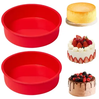 YXHZVON Silikon Backform 20 cm, 2 Stücke Silikon-Motivbackform Rund, Backform für Heißluftfritteuse, Kuchenform für Kuchen und Brote, Rot