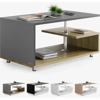 CASARIA® Couchtisch Grau Holz Modern mit Stauraum 95x55cm Edelstahl Füße Rund Höhenverstellbar Ablage Eckig Beistelltisch Wohnzimmer Couch Sofa Tisch