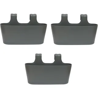 Engelland 3 x Blumenkasten zum Auf-Hängen, Farbe: Anthrazit-Grau, Blumentopf, oval, Balkon, Übertopf, Pflanzkasten, mit Wasserspeicher/Wasserauffangschale
