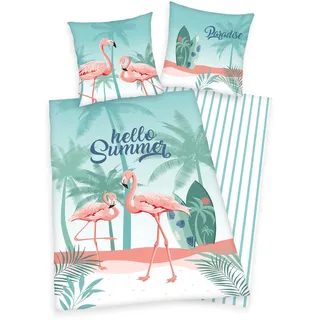 Herding Wende Bettwäsche Set mit Flamingo 135 x 200 + 80 x 80 cm