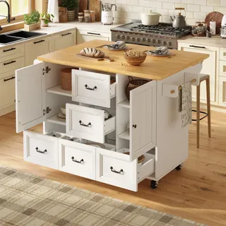 okwish Ausziehbarer Kücheninsel Beistellschrank mit Handtuchhalter und Gewürzregal,Sideboard auf Rollen mit verstellbare Einlegeböden,Schubladen und Türgriffe,weiß - Weiß