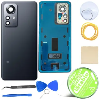 iStable Akkudeckel Set für Xiaomi 12 Pro 5G Rückseite Glas mit Kamera Linse Deckel Backcover Schwarz