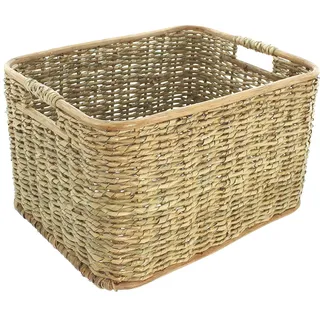 Aufbewahrungskorb aus Rattan & Schilfstroh, groß, 46x36x28 cm, Wäschekorb | dekorativer Korb mit Griffen, Flechtkorb, Schrankkorb, Regalkorb, Badkorb