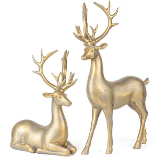KI Store 2 Stück Rentier Tier Figur Skulpturen Statuen Dekofigur groß, 20/30cm Figur deko Hirsch, Weihnachten Rentier Weihnachtsdeko Hirsch aus Kunstharz (Gold)