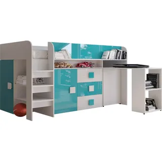 Etagenbett für Kinder Toledo 1 Stockbett mit Treppe und Bettkasten (Weiß + Türkis Glanz) - Weiß, Türkis