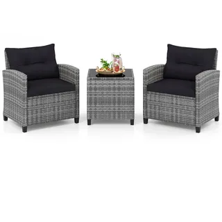FANTASK 3-TLG. Rattan Gartenmöbel Set, 2 Gartensessel mit Kissen & Tisch mit gehärteter Glasplatte, Balkonmöbel Wetterfeste, Terassenmöbel, Sitzgruppe 2 Personen für Garten Balkon (Schwarz)