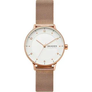 Skagen RIIS Uhr für Damen, Quarzwerk mit Edelstahl- oder Lederarmband, Roségoldton und Weiß, 36MM