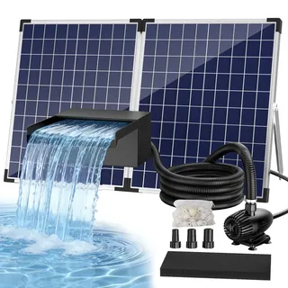 Biling 50W Solar Edelstahl Wasserfall Set Komplett mit Pumpe und Filter 40W 2100L/H 20 cm Teichwasserfall für Gartenteich Koiteich Schwimmteich Wasserspiel Garten Deko Wasserkaskade