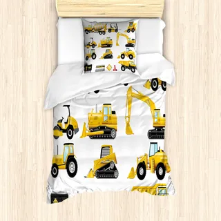 ABAKUHAUS Baustelle Bettbezug Set für Einzelbetten, Portalstapler Kran LKW, Milbensicher Allergiker geeignet mit Kissenbezug, Braun Gelb Anthrazit grau und Zinnoberrot - Braun