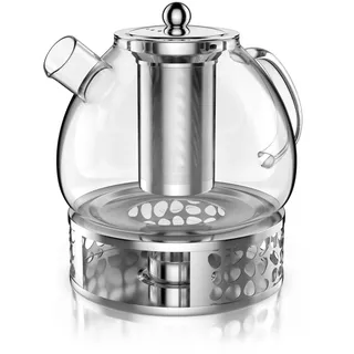 Arendo - Glas Teekanne mit Stövchen - mit Sieb - 1500 ml – aus Borosilikatglas – mit Edelstahlsieb – feinmaschig – hitzebeständig – Glasteekanne – für losen Tee Kräutertee Früchtetee – Teekocher – lan