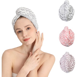 Good Nite Haarturban Haarhandtuch Haartrockentuch 3 Stück Wrap Super saugfähige schnell trocknende Haarkappen mit Knöpfen Mikrofaser für Handtücher Mädchen Lange lockiges nasses Haar(Rosa|Lila|Grau)