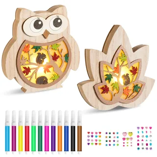 DAOUZL Herbst Dekoration LED Herbstblätter Eule, DIY Herbst Dekoration, 3D Holz LED Stimmungsleuchten für Herbstdeko, Herbst Basteln Kinder, Herbstblätter Eule Deko für Herbst Dekoration Innen