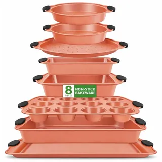 NutriChef Backformen Set 8-teilig, Antihaft mit Silikongriffen- Stapelbar & Spülmaschinengeeignet, Für Kuchen Muffins Brot & Springform, Ideal für Hobbybäcker, Familien und Partys