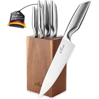 OLEIO Maestro Messerset mit Messerblock – 6 teilig – Edelstahl Küchenmesser Set mit Block & integriertem Messerschärfer – Scharfes Küchenhelfer Set für alle Schnitte – Messerblock mit Messer