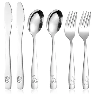 6-teiliges Edelstahl Kinderbesteck, Babybesteck, Besteck für Kinder ab 3 Jahren, Kinderbesteck mit Gravur - 2 Gabeln, 2 Sicherheitsmesser, 2 Suppenlöffel