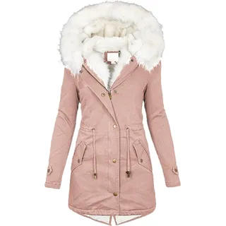 Winterjacke Damen Lang - Warmer Mantel mit Kapuze, Winterparka mit Reißverschluss, Slim-Fit Plüschjacke mit Kordelzug und Taschen, Rosa, 5XL - Rosa