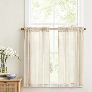 Vangao Scheibengardinen Modern Küche Beige Leinenoptik Bistrogardine 2er Set 90B x 90H cm mit Stangendurchzug Spitzenborte Volant Boho Curtains Landhausstil Gardinen Kurz Lichtdurchlässig Wohnwagen