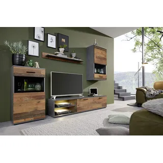 trendteam smart living - Mango - Wohnwand - Eiche/Grau - Anbauwand mit 2 Türen, 1 Klappe, 2 offenen Fächern, 1 Einlegeboden - (BxHxT) 246 x 182 x 37 cm - empfohlen für: Fernseher, Receiver, Bücher