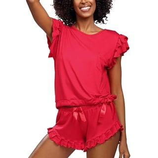 DKaren Damen Schlafanzug Set Lulu S - Zweiteiler Damen Pyjama - Loungewear mit Kurzen Ärmeln und Shorts - Nachtwäsche Damen mit Tasche und Rüschen - Pjama Set Kurz Rot