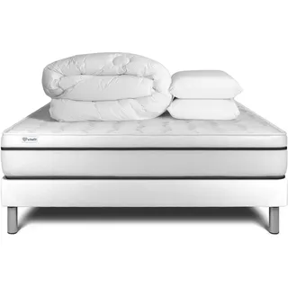 Komplettpaket Bett - Matratze 160x200 cm + Boxspringbett mit Lattenrost (im Set) + 2 Kopfkissen + Bettdecke - Vital Spa - Weiß