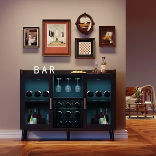 Weinbar Sideboard mit LED-Beleuchtung, Freistehender Weinschrank aus Holz mit Glastüren, integriertem Weinregal & Glashalter – Viel Stauraum für Wohnzimmer, Esszimmer oder Küche, 120 x 40 x 90cm