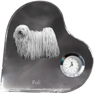Puli - Kristalluhr mit einem Hundebild, Herzregal-Uhr, personalisierte Standuhr der Marke Art-Dog - Transparent