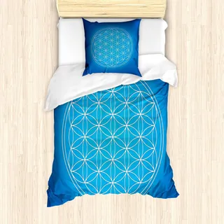 ABAKUHAUS Geometrie Bettbezug Set, Blume des Leben-Gitter-Musters, das Arten von überlappenden Kreis-Thema besteht, 135 x 200 cm + 80 x 80 cm, Blau Weiss