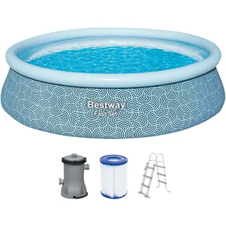Bestway Fast Set Aufstellpool-Set mit Filterpumpe, Ø 457 x 107 cm, 12.362 Liter, Grafisches Liniendesign, TriTech-Material, Filterpumpe, Sicherheitsleiter, Reparaturflicken, Selbstaufbauend, Blau