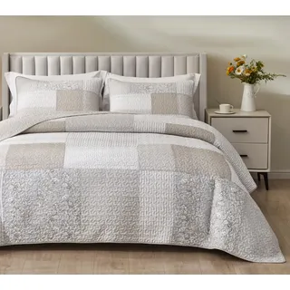Chezmoi Collection Quinn 3-teiliges Patchwork-Steppdecken-Set aus Baumwolle, vorgewaschene Baumwolldecke, leicht, wendbar, für King-Size-Bett, neutrales Taupe, Grau-Weiß, Blumenmuster, Hibiskusblüte,
