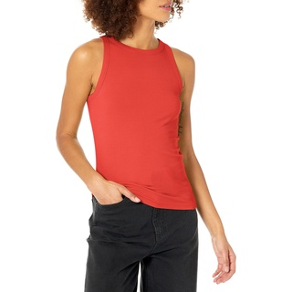 The Drop Damen Valerie Rippstrick-Tanktop mit Neckholder-Look und Racerback, Feuerrot, S