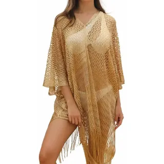 SHTGOI Damen Strandkleid Gestrickter Bikini Cover-Ups Netz Strandtuch Strandponcho mit Quasten Sonnenschutz Badeanzug Bedecken Elegante Strandbekleidung für Sommer Strand Bikini Swimsuit Gold