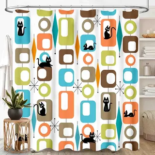 TKUYO Mid Century Moderner Duschvorhang, Retro-Design, geometrisches, atomares, abstraktes Katzenmuster, Mitte des Jahrhunderts der 1950er und 1960er Jahre, Orange, wasserdichter Stoff