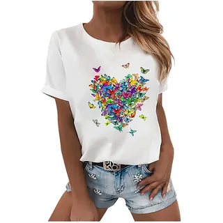 Tshirt Damen Lässige Elektrokardiogramm Druck Oberteile Herzschlagkurve Pullover T-shirt Einfarbiges Basic Shirt Rundhals Kurzarm Sommer Tops Lockere All-Match Tunika Bluse Laufshirt Sportshirt