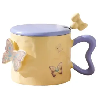 VollfitYYu Kreative 3D Schmetterling Kaffeetasse 350ml Kaffeebecher mit Deckel und Löffel Süße Keramiktasse Porzellanbecher für Valentinstag Muttertag Geburtstag Weihnachten (Lila)
