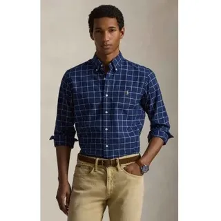 Polo Ralph Lauren für Herren. 710P07186001 Custom Fit Oxford-Hemd mit marineblauem Karo (S), Lässig, Baumwolle, Langarm