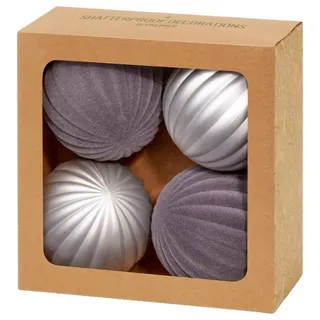 Weihnachtskugeln 80MM Flock & Matt Kürbis Silber Packung 4 Festliche Dekoration