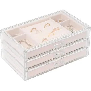 Sasha Morel Schmuckkästchen mit 3 Aufbewahrungsschubladen | Ohrring-Aufbewahrungs-Organizer für Ringarmband Halskette Aufbewahrungsbox | Acryl-Vitrine Geschenkbox | Schmuck Organizer Geschenke für