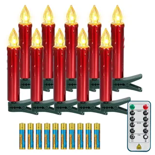 FREEPOWER 10er Rot LED Kerzen Kabellos Weihnachtskerzen mit Fernbedienung Timer Flackern Dimmbar Warmweiß Weihnachtsbaumkerzen Außen Wasserdicht Innen Christbaum Beleuchtung(mit 10 Batterien)
