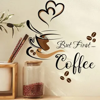 HGDESIGN® Wandtattoo Wandaufkleber Kaffee Zeit But First Coffee Eule Cappuccino Wandsticker Wanddeko für Küche Esszimmer (A)